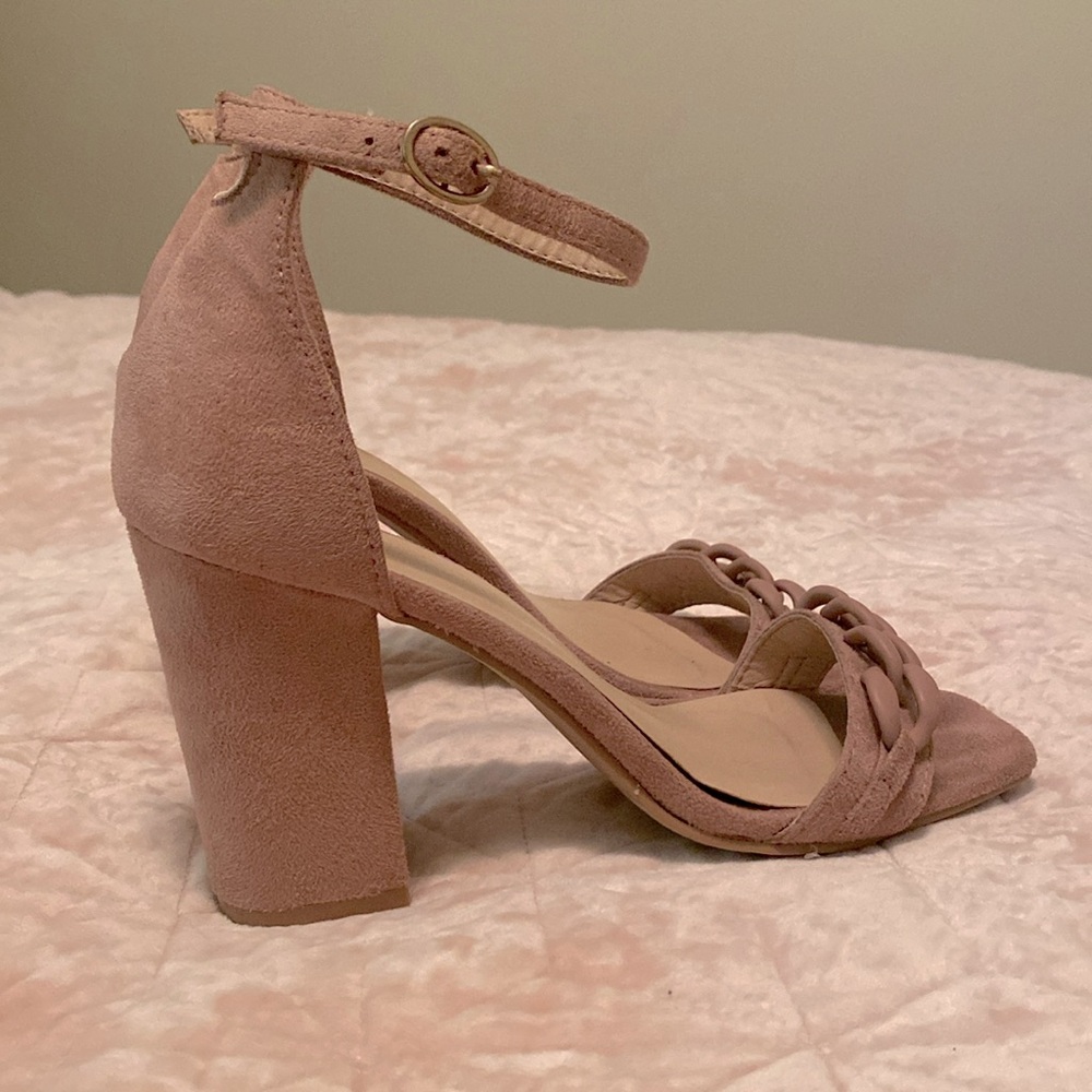 Beige sueded ankle strap heels